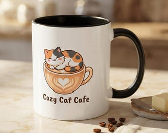 Cozy Cat Cafe Mug, Calico Cat Latte Coffee Mug, Cat Lover Gift for Her, Cat Mom Gift, Black Accent Mug, Birthday Gift, 11oz 15oz