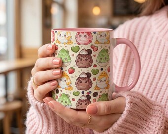 Kawaii Bingsu Mug, Assorted Character Coffee Mug, Accent Mug with Colored Handle, Cute Dessert Gift, 11oz 15oz Ceramic Mug