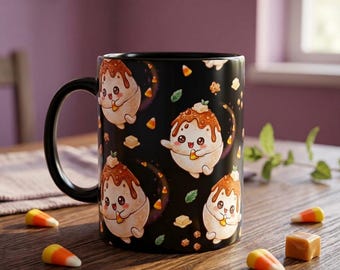 Halloween Brown Butter Bingsu Mug, Kawaii Dessert Mug, Black Ceramic Coffee Mug, Cute Halloween Gift, Foodie Gift for Her, 11oz Ceramic Mug