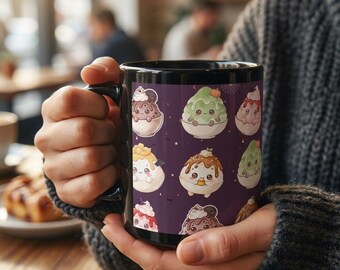 Halloween Bingsu Mug, Kawaii Dessert Mug, Black Ceramic Coffee Mug, Cute Halloween Gift, Spooky Cute Mug Gift, 11oz Ceramic Mug