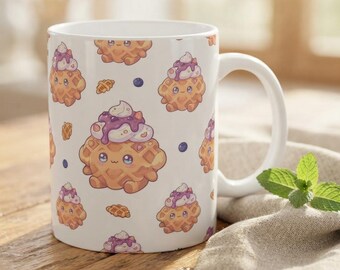 Mixed Berry Croffle Mug, Kawaii Waffle Mug, Cute Coffee Mug Gift, Aesthetic Kitchen Decor, Foodie Gift for Her, 11oz Ceramic Mug