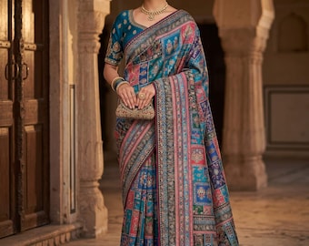 Kanni Silk Saree, Designer Wear, Stone Embellished Border, with Plain Unstitched Blouse Piece