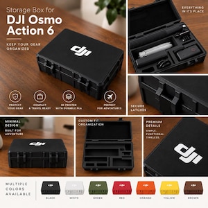 May include: A black rectangular storage box for DJI Osmo Action 6 with a white DJI logo on the lid. The case features secure latches, a custom-fit interior for gear organisation, and is available in black, white, green, red, orange, yellow, and brown.