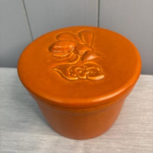 May include: A round, burnt orange ceramic jar with a matching lid. The lid features a raised, embossed design of a bee hovering over a flower. The jar has a smooth, matte finish and a simple, cylindrical shape with a slightly wider top rim.