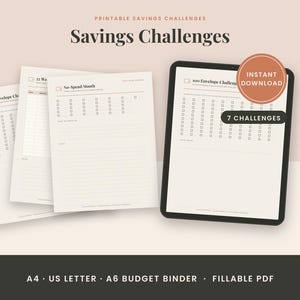 Op de afbeelding: Een set printbare spaarchallenge-bladen, waaronder een 100-enveloppen-challenge, een 52-weken-challenge en een tracker voor een maand zonder uitgaven. De documenten bevatten selectievakjes en lijnen, beschikbaar in A4, US Letter en A6-formaten.