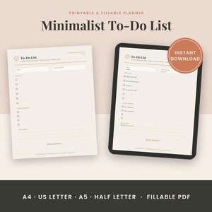 Op de afbeelding: Een printbare en invulbare to-do lijst planner getoond op een vel papier en een tabletscherm. De lay-out bevat secties voor datum, prioriteiten, taken en notities met de tekst To-Do List en Instant Download zichtbaar op het scherm.