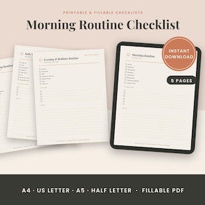 Op de afbeelding: Een set printbare en invulbare ochtendroutine-checklists in A4, US Letter, A5 en Half Letter formaten. De pagina's bevatten selectievakjes voor dagelijkse taken, een notitiesectie en een tablet die de lay-out van de 5 pagina's weergeeft.