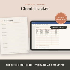Könnte beinhalten: Eine digitale Klienten-Tracking-Tabelle und ein druckbares Klienten-Aufnahmeformular. Der Laptop-Bildschirm zeigt ein Sitzungsprotokoll mit Spalten für Datum, Klient, Tätigkeit, Stunden und Wert. Ein rundes Abzeichen zeigt Sofort-Download und Sheets plus Excel.