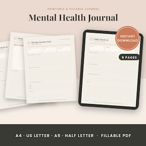 Op de afbeelding: Een printbaar en invulbaar mental health journal met meerdere pagina's waaronder Daily Check-in, Sleep Tracker en Therapy Session Notes. De digitale tablet toont een Daily Check-in pagina met een Instant Download badge en 9 pages label.