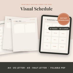 Op de afbeelding: Een set printbare routinekaarten voor kinderen getiteld Visual Schedule, inclusief pagina's voor Morning Routine, Daily Routine en First-Then taken. Het scherm toont 9 pagina's en 48 kaarten, met tekst voor A4, US Letter, A5, Half Letter en Fillable PDF.