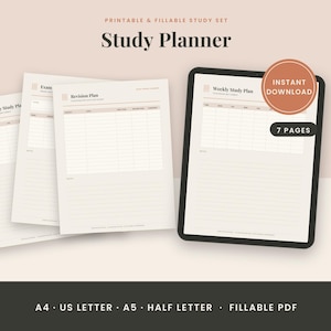 Op de afbeelding: Een printbare en invulbare studieplanner-set met meerdere pagina's, waaronder een wekelijks studieplan, examenrooster en revisieplan. Het digitale scherm toont een wekelijks studieplan met een ronde badge voor directe download en 7 pagina's. Tekst bevat A4, US letter, A5, half letter en invulbare PDF.