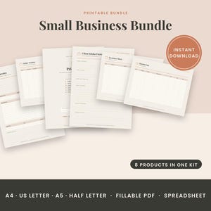 Op de afbeelding: Een printbare Small Business Bundle met diverse documentsjablonen zoals een factuur, order tracker, klantintakeformulier, inventarislijst en inkomstenlogboek. De set bevat 8 producten in één kit, beschikbaar als invulbare PDF en spreadsheet in A4, US Letter, A5 en half letter formaat.