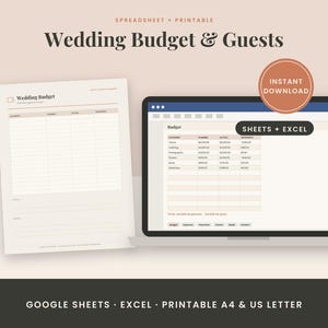 Op de afbeelding: Een digitale huwelijksbudget- en gastenplanner weergegeven op een laptopscherm naast een geprinte versie. De interface bevat kolommen voor categorie, gepland, werkelijk en verschil. Tekst: Wedding Budget & Guests, Sheets + Excel.