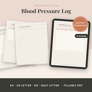 Op de afbeelding: Een printbare gezondheidslogboekset met een bloeddruklogboek, wekelijkse tracking en notities voor de arts. De documenten worden getoond op papier en een tabletscherm, met vermelding van 5 pagina's in de formaten A4, US Letter, A5 en Half Letter.