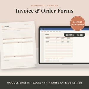 Op de afbeelding: Een set digitale en printbare factuur- en bestelformulieren met een overzichtelijke lay-out inclusief velden voor omschrijving, aantal, eenheidsprijs en totaalbedrag, weergegeven op een laptopscherm en een geprint document met de tekst Invoice & Order Forms.