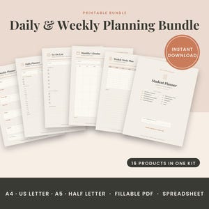 Op de afbeelding: Een printbare dagelijkse en wekelijkse planningsbundel met meerdere plannerpagina's, waaronder een dagplanner, to-do lijst, maandkalender, wekelijks studieplan en studentenplanner. De tekst bevat Daily & Weekly Planning Bundle, Instant Download en 16 products in one kit.