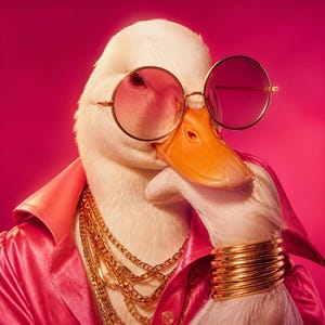 Peut inclure: Un canard blanc portant des lunettes de soleil rondes aux verres teintés de rose, plusieurs colliers à chaînes dorées et une pile de bracelets dorés sur l'aile. Le canard porte une chemise à col rose vif avec un bouton, sur fond rose uni.