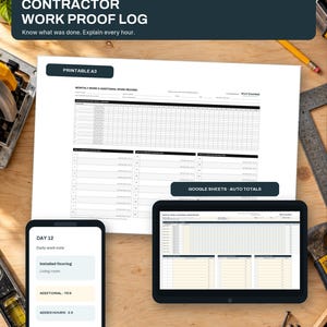 May include: A Contractor Work Proof Log digital template for 5-10 workers, featuring a printable A3 document, a Google Sheets version with auto-totals, and a mobile interface displaying daily work notes, additional hours, and worker totals.