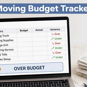 May include: A laptop screen displays a Moving Budget Tracker spreadsheet with columns for Category, Budget, Actual, and Variance. The table lists expenses like Moving Truck and Storage Unit, with red Over and green Under status indicators.