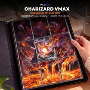 Może przedstawiać: Czarny segregator na 9 kart z rozszerzoną grafiką Charizard VMAX. Segregator zawiera dziewięć przezroczystych kieszeni ułożonych w siatkę, prezentujących ciągłą ilustrację wulkanicznego krajobrazu z kartą Charizard VMAX pośrodku.