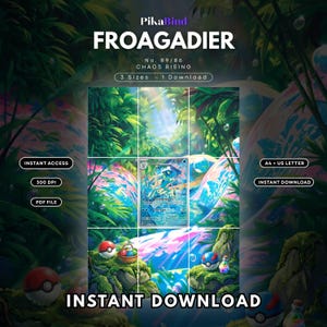 Op de afbeelding: Een digitale download met een Froagadier ruilkaartillustratie in een weelderige jungleomgeving met kleurrijke bubbels, Poké Balls en een klein mandje. De tekst bevat PikaBind, FROAGADIER, No. 89/86, CHAOS RISING, 3 Sizes, 1 Download, Instant Access, 300 DPI, PDF File, A4 + US Letter en Instant Download.