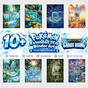 Peut inclure: Une collection numérique de plus de 10 illustrations de classeurs Pokémon TCG étendues intitulée Chaos Rising. Les graphismes présentent des paysages fantastiques détaillés et vibrants avec des créatures, des effets d'eau et des thèmes célestes en 300 DPI.