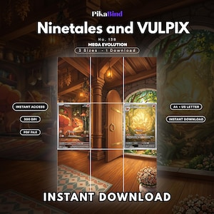 May include: A digital download featuring Ninetales and Vulpix trading cards displayed in a grid layout. The image includes text labels such as PikaBind, No. 138, MEGA EVOLUTION, 3 Sizes, 1 Download, Instant Access, 300 DPI, PDF File, A4 + US Letter, and Instant Download.