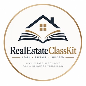 May include: A circular logo featuring a dark blue house outline combined with an open book icon. The text reads RealEstateClassKit, LEARN • PREPARE • SUCCEED, and REAL ESTATE RESOURCES FOR A BRIGHTER TOMORROW, all enclosed in a thin gold border.