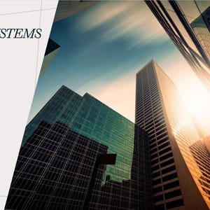 Puede incluir: Una portada de libro titulada BUILDING SYSTEMS FOR NON-ENGINEERS con una vista en ángulo bajo de rascacielos de cristal contra un cielo brillante con un destello solar cálido. El diseño incluye una sección diagonal blanca para el texto.