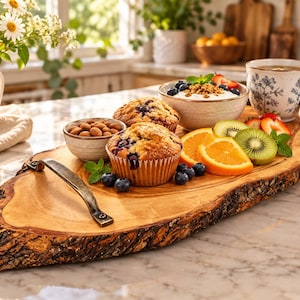 Può includere: Un vassoio da portata ovale in legno con bordo naturale e due manici in metallo scuro, contenente due muffin ai mirtilli, una ciotola di mandorle, una ciotola di yogurt con granola e frutti di bosco, fette di arancia, kiwi e una tazza da tè a fiori.