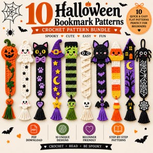 May include: A digital bundle of 10 Halloween crochet bookmark patterns featuring designs like a pumpkin, ghost, black cat, witch hat, Frankenstein, mummy, bat, candy corn, haunted house, and spider web, each with a matching yarn tassel.