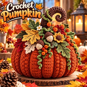 May include: A textured orange crochet pumpkin topped with a brown curly stem, decorated with crocheted yellow, red, and green autumn leaves, small white flowers, brown acorns, and orange berries. The text Crochet Pumpkin is visible above.