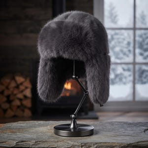 May include: A dark gray faux fur ushanka hat with ear flaps, displayed on a black adjustable metal stand. The hat features a thick, plush texture and a rounded crown, designed to provide full coverage for the head and ears in cold weather.