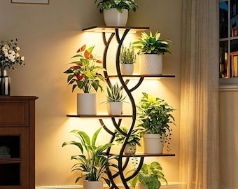 Support à plantes d'angle d'intérieur à 5 niveaux avec lampes de croissance LED intégrées (marron)