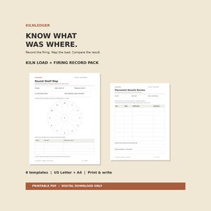 Pottery Kiln Firing Log Printable, Shelf Load Maps & Results Record PDF, Letter + A4