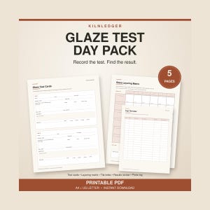 May include: A Kilnledger Glaze Test Day Pack printable PDF set featuring five pages including Glaze Test Cards, a Glaze Layering Matrix, and a Test Tile Index. The documents are designed for recording ceramic glaze tests with fields for data.