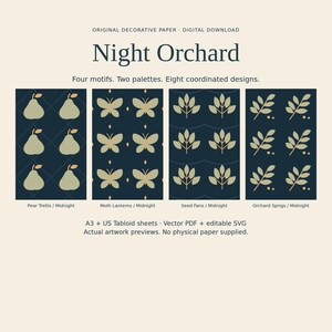 May include: Digital download of Night Orchard decorative paper featuring four motifs in a midnight palette: Pear Trellis, Moth Lanterns, Seed Fans, and Orchard Sprigs. Includes A3 and US Tabloid sheets, vector PDF, and editable SVG files.