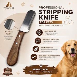 May include: A professional stripping knife for pets with a metallic blade featuring precision teeth and a brown wooden handle secured by two rivets. The text on the image includes PAWCARE, PROFESSIONAL STRIPPING KNIFE FOR PETS, and SAFE, EFFECTIVE, GENTLE.