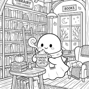 May include: A black and white coloring page illustration of a ghost wearing a scarf and holding a mug labeled PUMPKIN SPICED LATTE. The scene features a library with bookshelves, a ladder, a table with books, a candle, and a cat on an armchair.