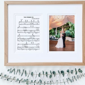 May include: A framed print with a wedding photo on the right side and sheet music for the song "This I Promise You" on the left side. The photo shows a bride and groom dancing at their wedding reception. The sheet music is in black and white.