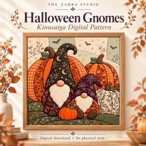 Patrón de gnomos de Halloween Kinusaiga en PDF / Arte textil de calabazas sin coser / Plantilla para manualidades de otoño / Descarga digital