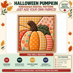 May include: A digital pattern for a Kinusaiga pumpkin craft featuring a square framed image of a pumpkin made from various fabric patches including orange polka dots, yellow gingham, and floral prints with a dark brown stem and green leaf.