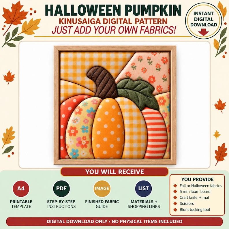 May include: A digital pattern for a Kinusaiga pumpkin craft featuring a square framed image of a pumpkin made from various fabric patches including orange polka dots, yellow gingham, and floral prints with a dark brown stem and green leaf.