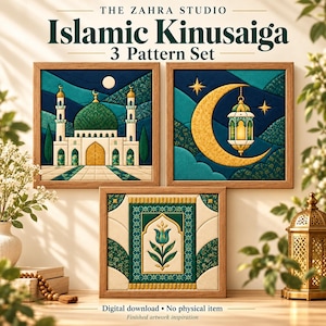 May include: A set of three square framed Islamic Kinusaiga patterns featuring a mosque with a green dome, a golden crescent moon with a hanging lantern, and a central floral motif. The text reads THE ZAHRA STUDIO Islamic Kinusaiga 3 Pattern Set.
