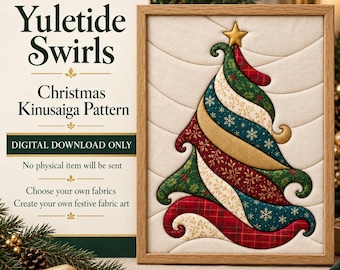 May include: A framed fabric art piece featuring a stylized Christmas tree made of swirling, layered fabric strips in red, green, and gold with snowflake and holly patterns. The text reads Yuletide Swirls Christmas Kinusaiga Pattern.