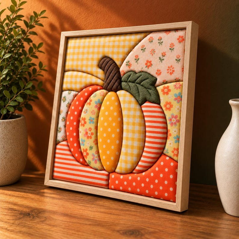 May include: A square framed wall art piece featuring a dimensional fabric pumpkin. The pumpkin is composed of various quilted fabric segments in orange, yellow, and white, displaying patterns of gingham, polka dots, stripes, and small floral prints.