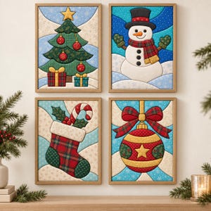 May include: A set of four framed wall art pieces featuring quilted-style Christmas illustrations: a decorated tree with gifts, a snowman in a top hat, a plaid stocking with a candy cane, and a large red and gold ornament with a bow.