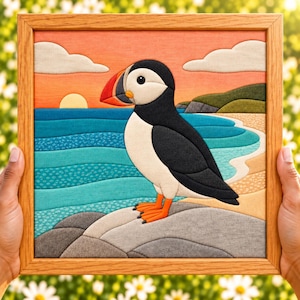 Hilltop Puffin Kinusaiga Pattern | Coastal Bird No Sew Fabric Art | Japanese Patchwork Craft Template | Digital Download