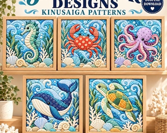 May include: Five square framed art pieces featuring Kinusaiga patterns of a seahorse, crab, octopus, whale, and sea turtle. The text reads 5 UNDERWATER DESIGNS KINUSAIGA PATTERNS, DIGITAL DOWNLOAD, and Materials and frames not included.