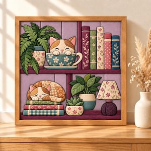 Bookshelf Cats Kinusaiga Pattern | Kitten in a Teacup & Sleeping Cat | No Sew Fabric Art Template | Digital Download